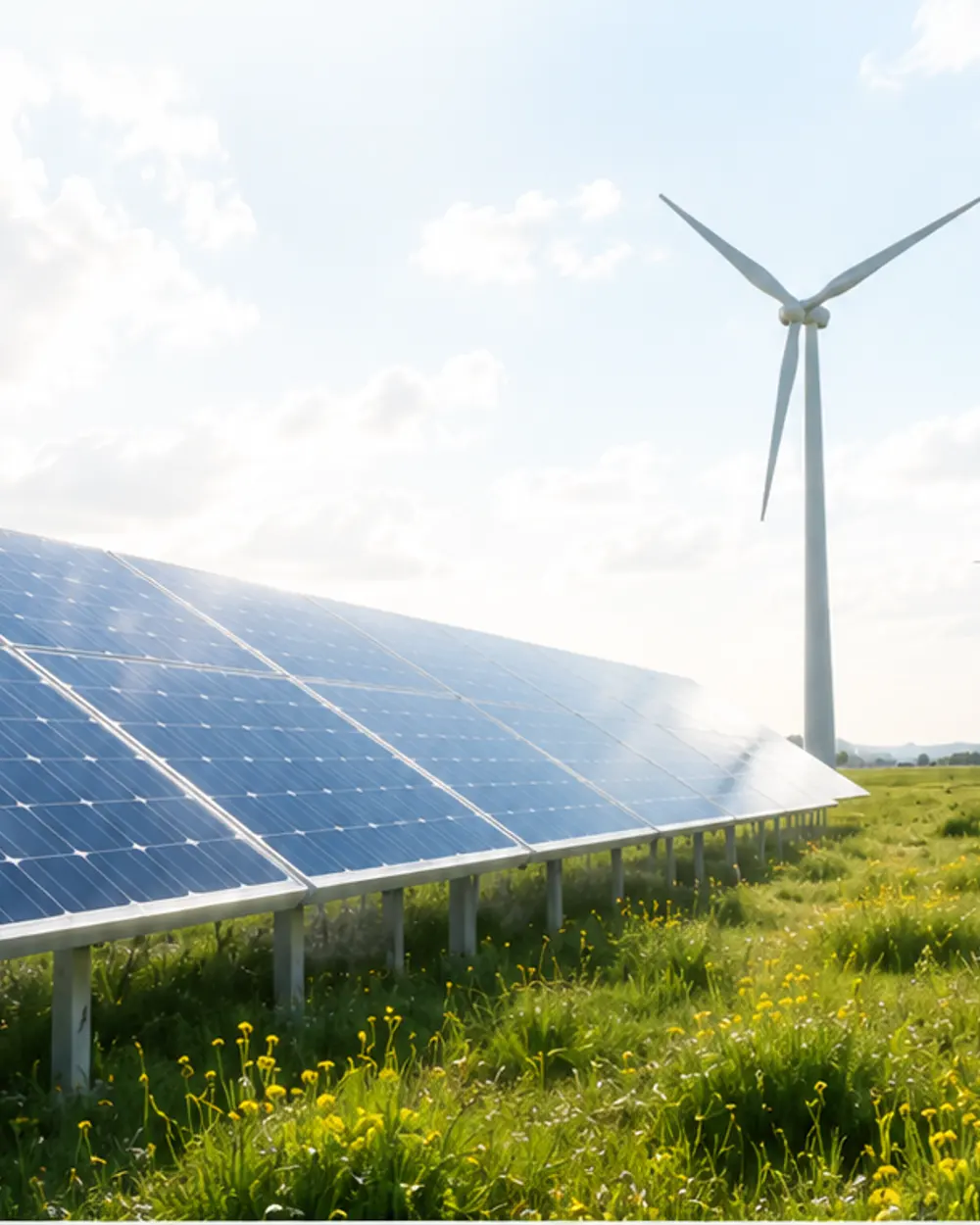 Placas solares y aerogeneradores en un campo, en un día despejado